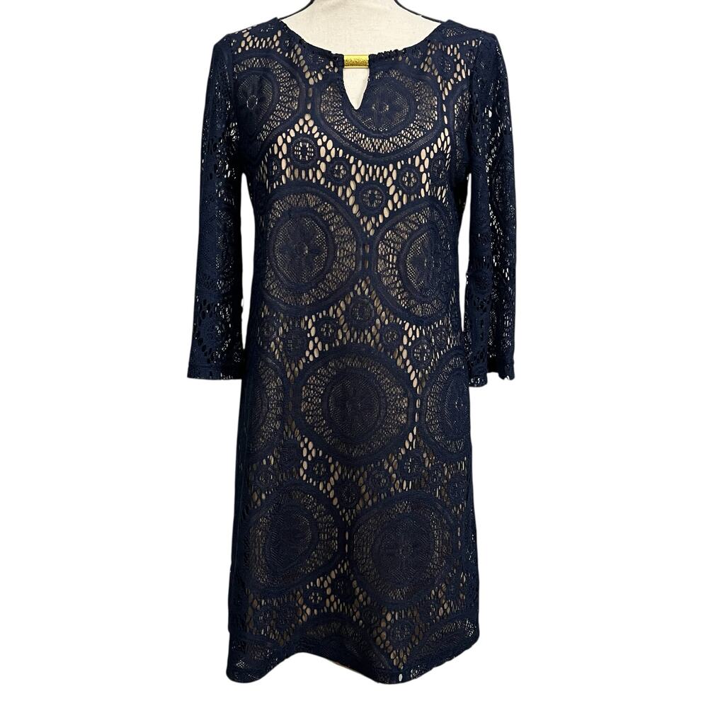 Emma & Michele Navy Lace Sheath Dress Medium 3/4 Sleeve Lined